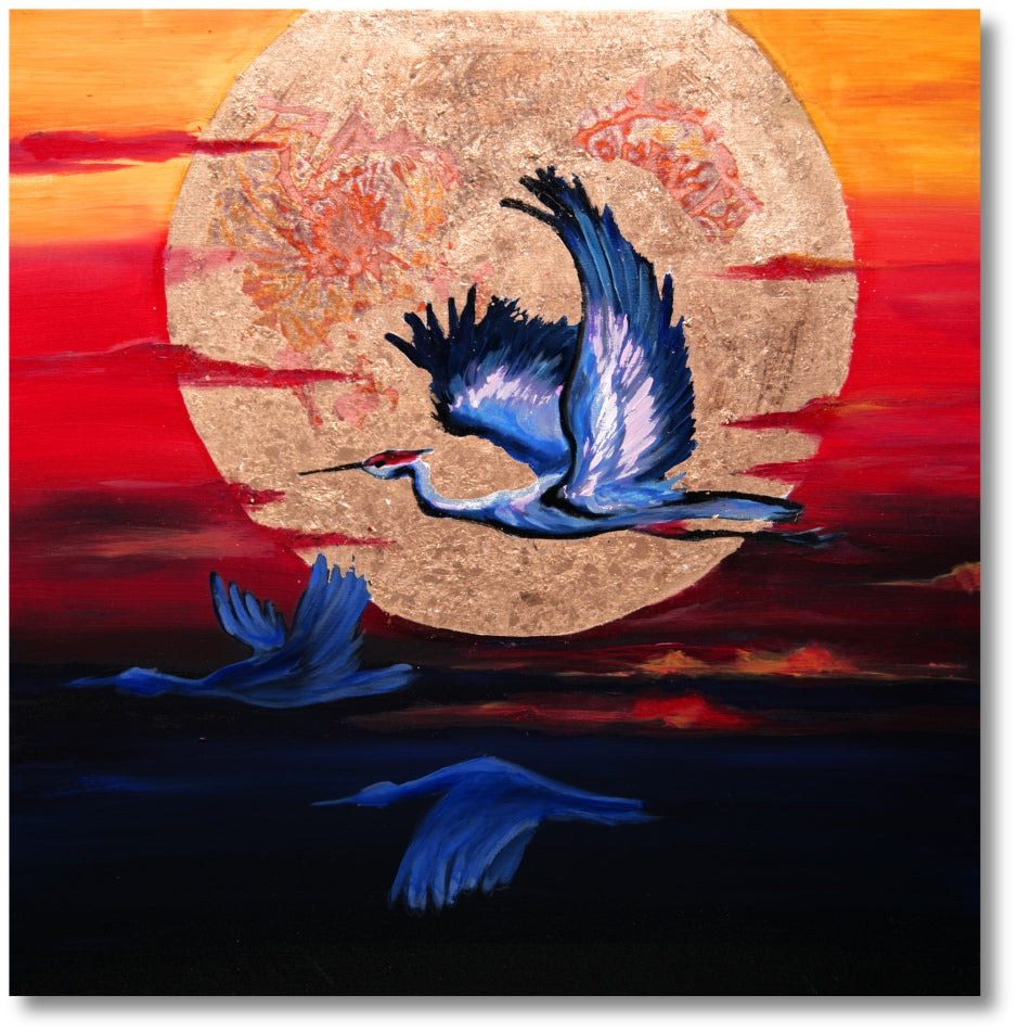 Modern hand-painted canvas picture Storks at sunset