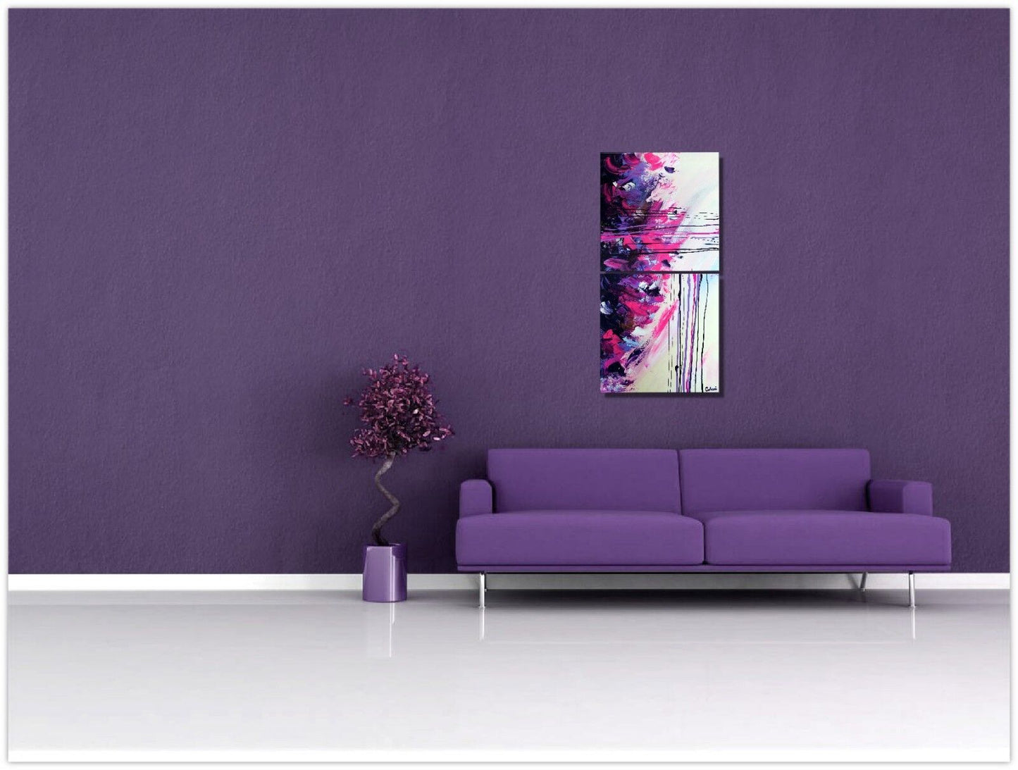 a purple chair sitting next to a purple flower 