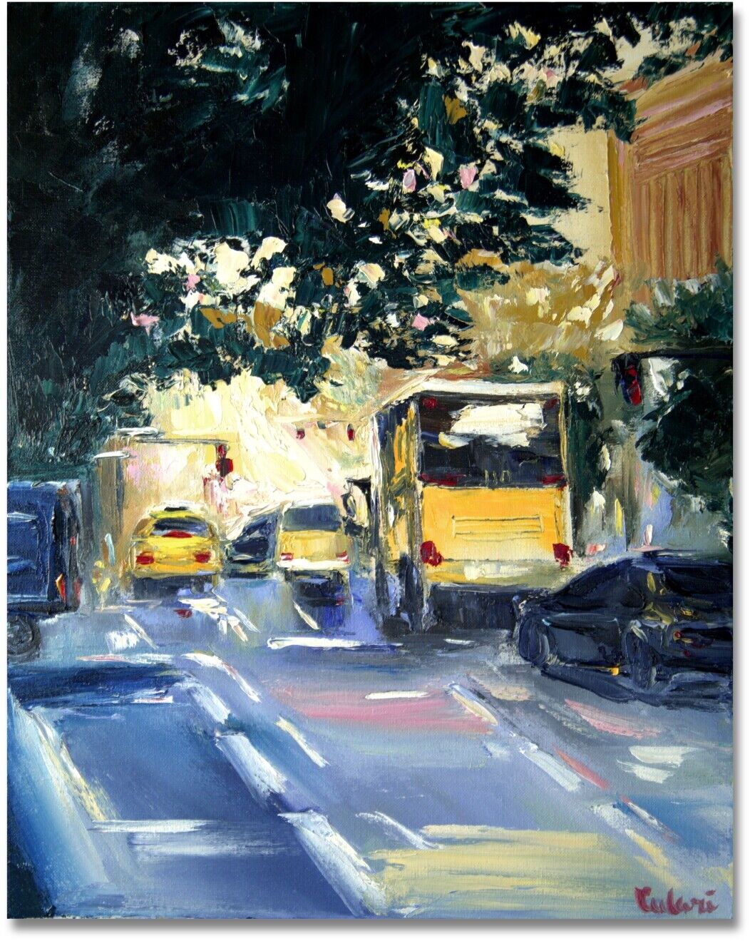 a yellow bus driving down a city street 