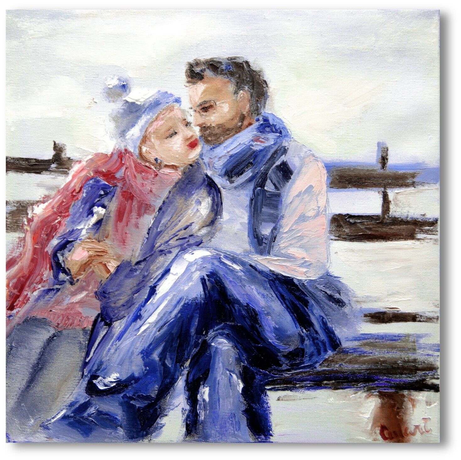 a man and woman sitting on a bench 